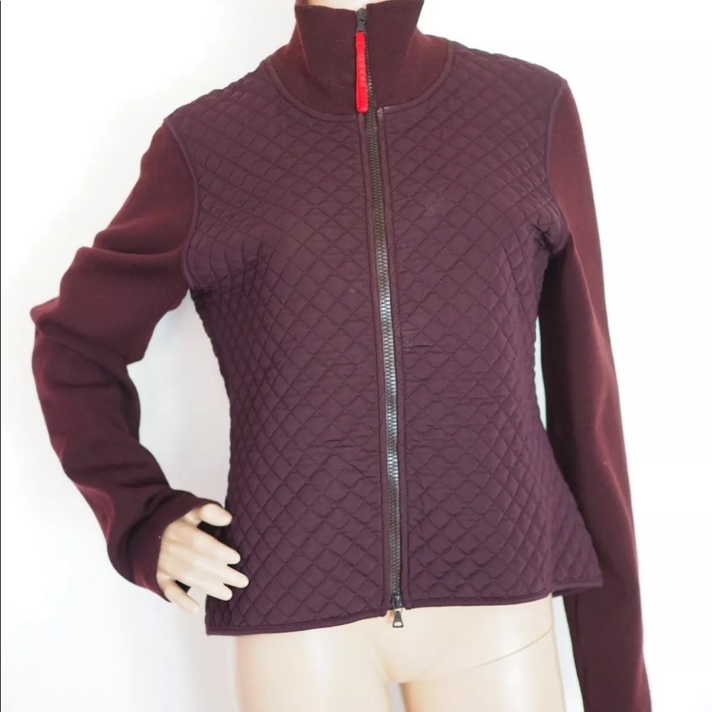 PRADA Women Quilted Jacket Burgundy Long Sleeve Warm Wool Collar Size XL